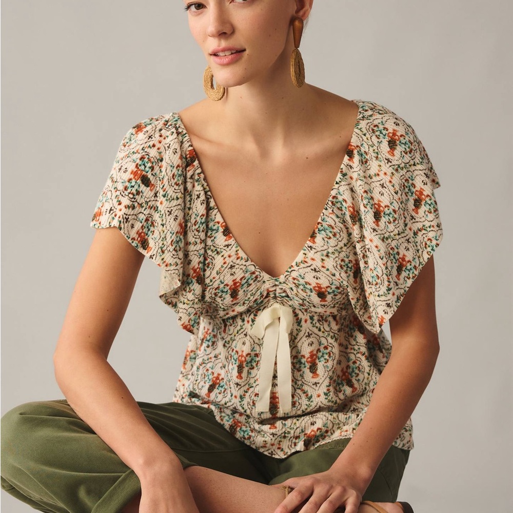 Anthropologie Deep-V Flutter-Sleeve Sweater Top
By Anthropologie